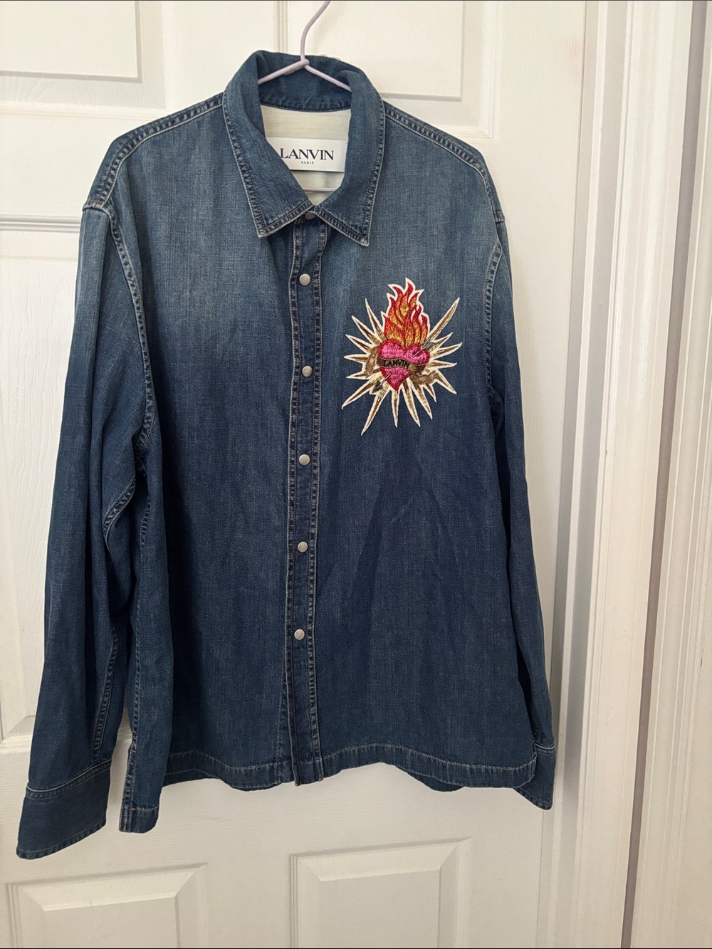 Lanvin Dark Blue Denim Shirt with Embroidered Flaming Heart